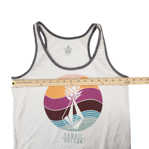 Volcom Tank Top Womens Medium White Hawaii Hawaiian Pineapple Surf Wave Graphic - Picture 8 of 10